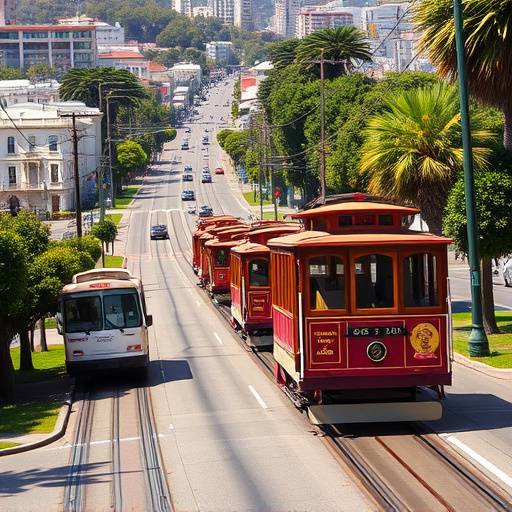 Cable cars climbing a steep hill in San Francisco.
